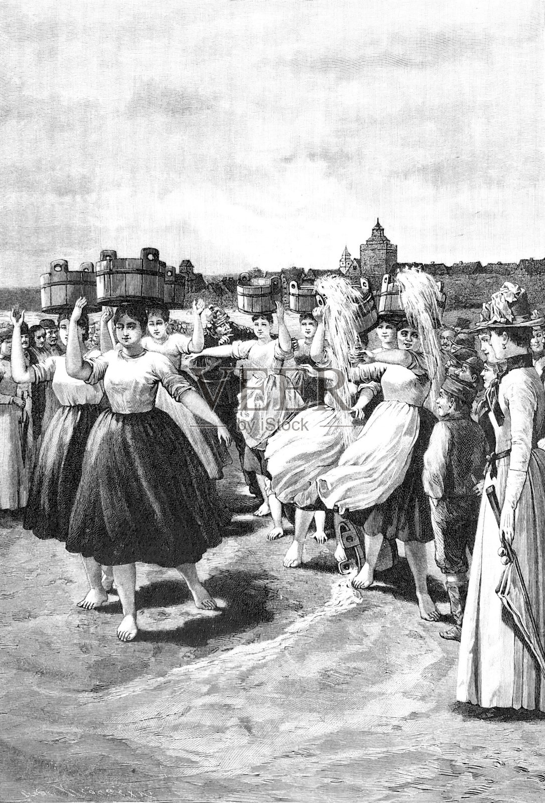 牧羊人在Markgröningen,德国:妇女们把水桶顶在头上插画图片素材