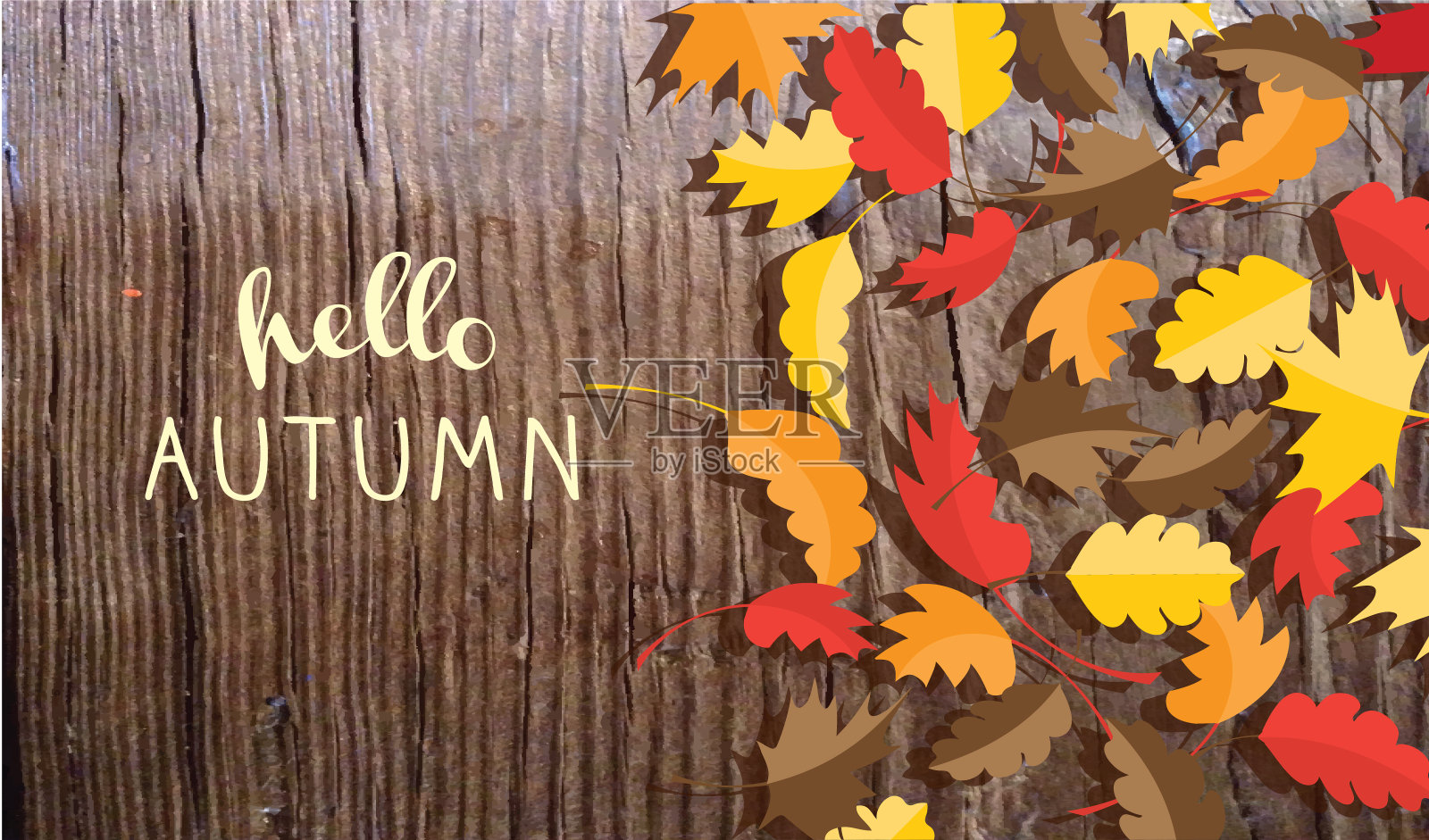 你好秋天的问候设计在木制的背景与秋天的叶子插画图片素材