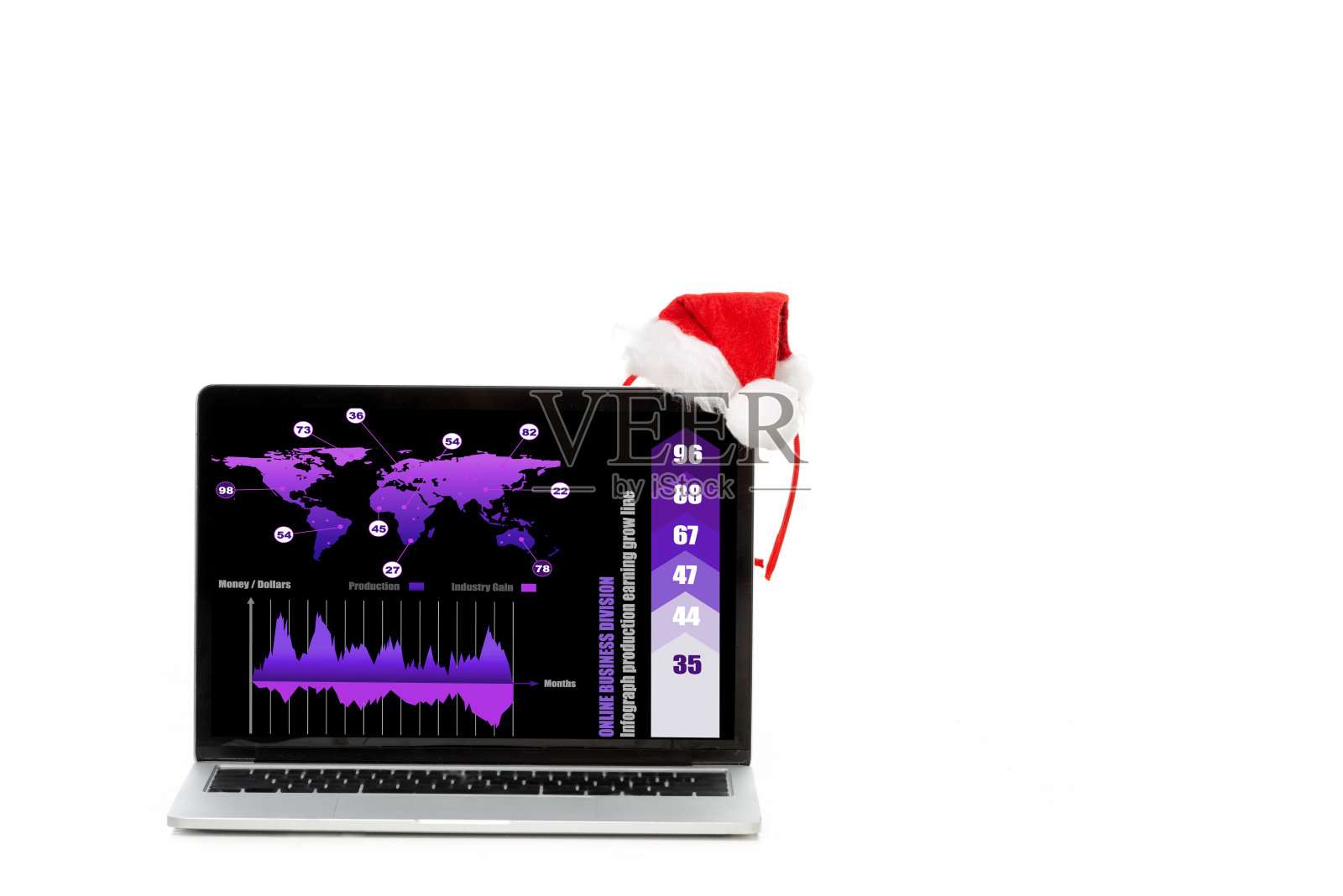 圣诞帽上的笔记本电脑与信息图形屏幕上隔离的白色背景照片摄影图片
