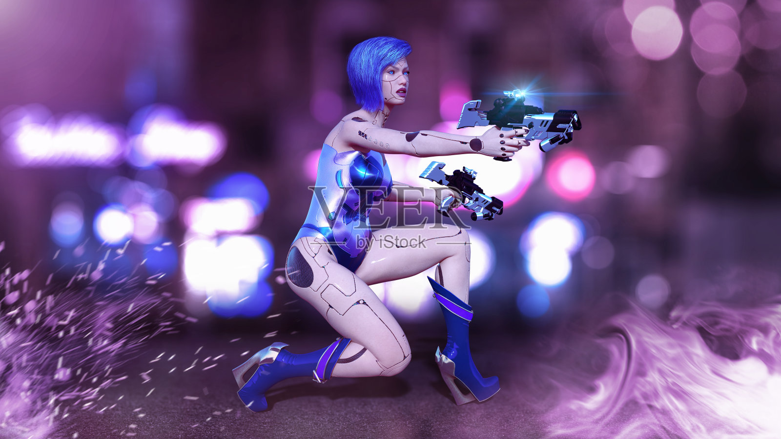 机器人女孩持枪蹲着,女性战斗机器人射击,科幻机器人女人在夜晚的城市街道,3D渲染照片摄影图片