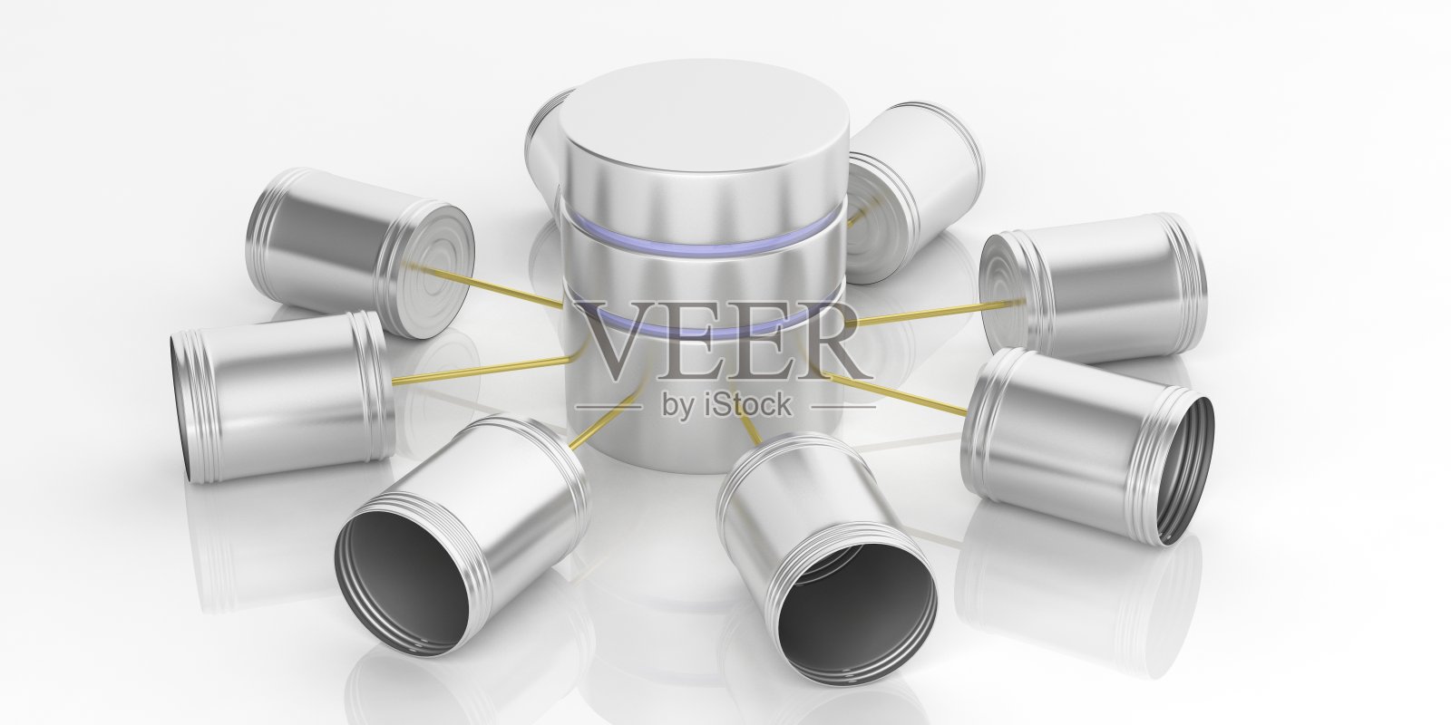 3d渲染锡罐电话和数据库照片摄影图片