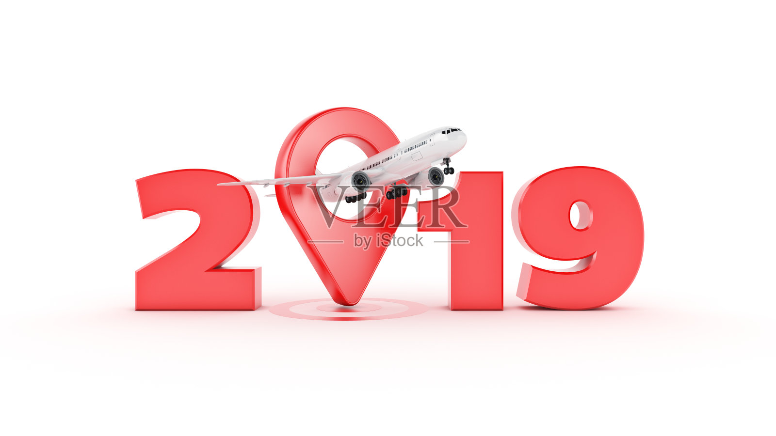 航空旅行的概念。机场的指针。2019新年标志。3 d渲染。照片摄影图片