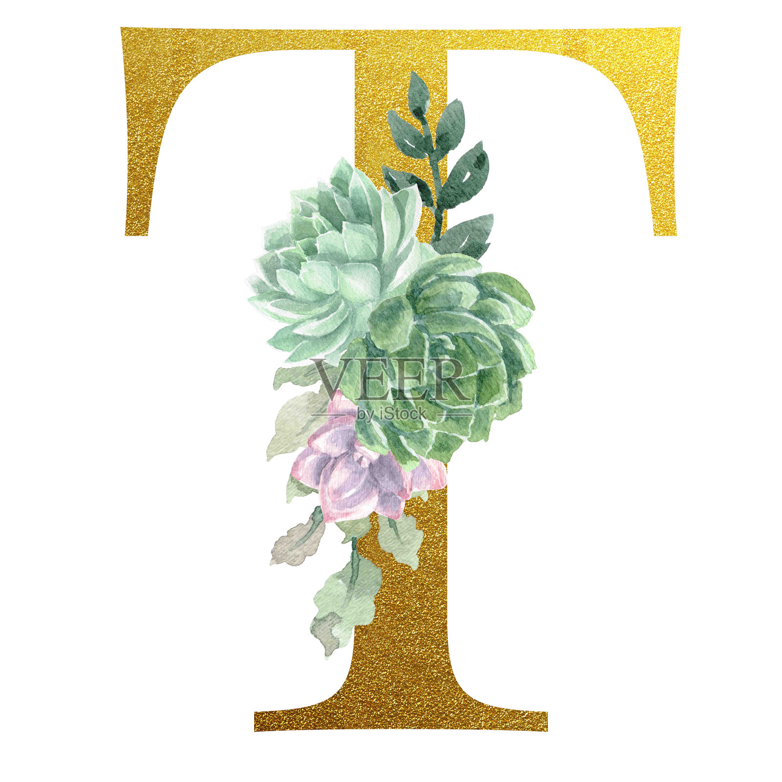 水彩字母金箔插画图片素材