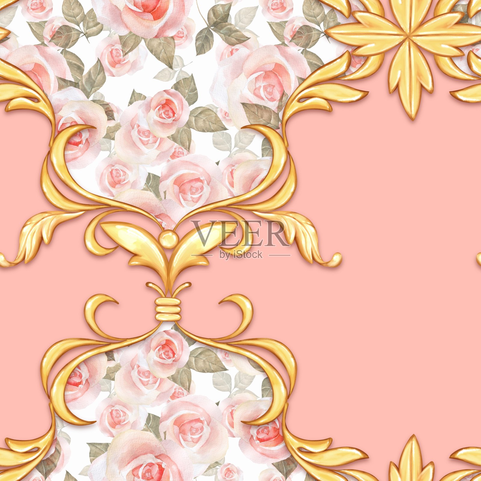 无缝巴洛克图案与装饰金叶插画图片素材