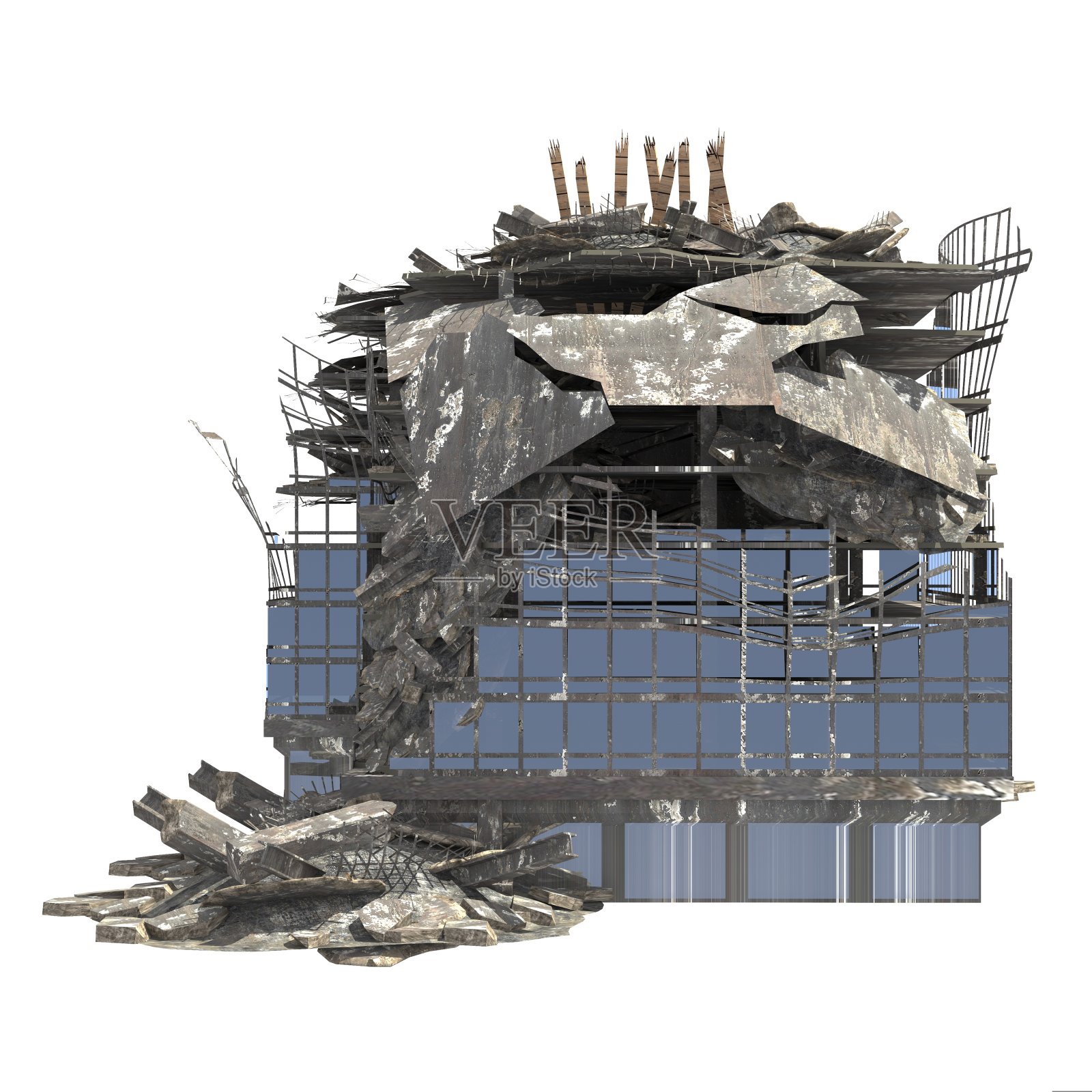 废墟建筑孤立在白色背景的3D插图照片摄影图片