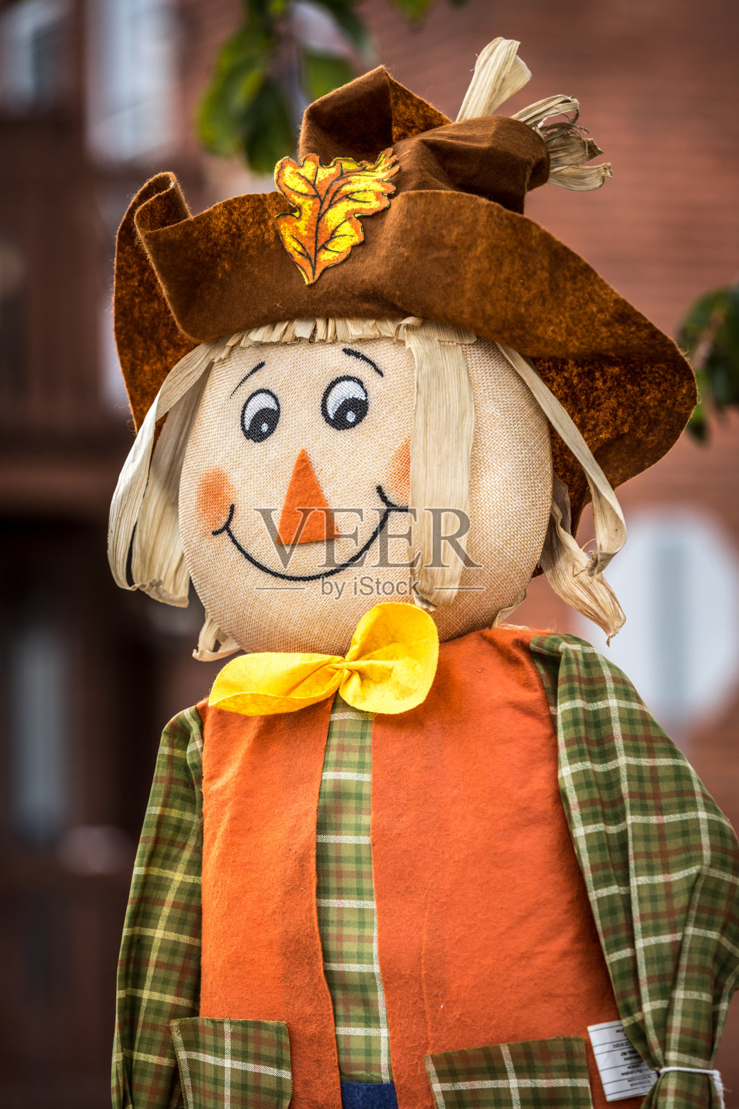 快乐微笑的万圣节稻草人木偶装饰。照片摄影图片