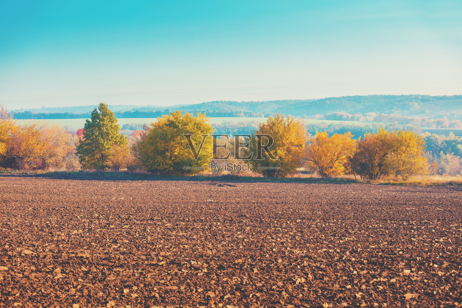 农村景观。秋天可耕种的土地。田边有树,远处有山照片摄影图片