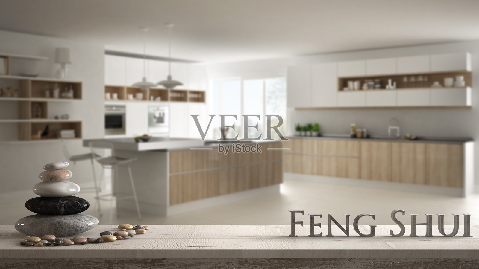 木质复古桌架与卵石平衡和3d字母使风水这个词模糊了现代白色厨房与木制和白色细节,禅意概念室内设计照片摄影图片