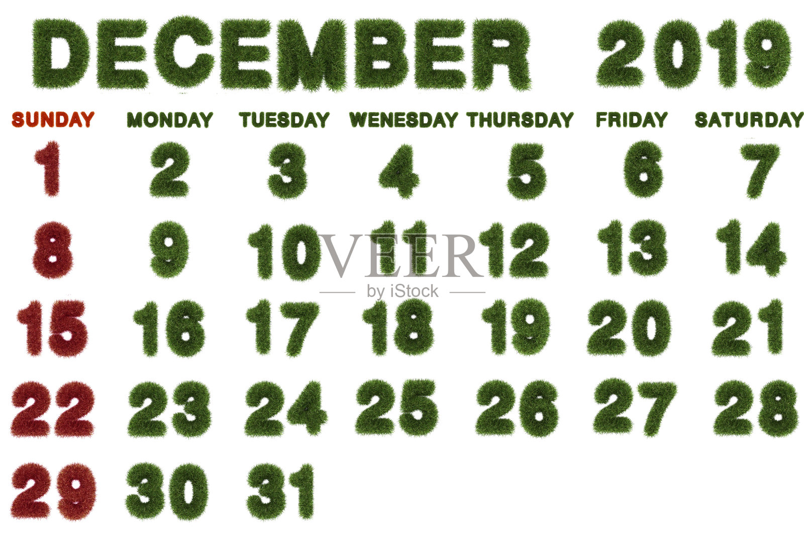 日历为2019年12月的白色背景,3d渲染绿色的草照片摄影图片