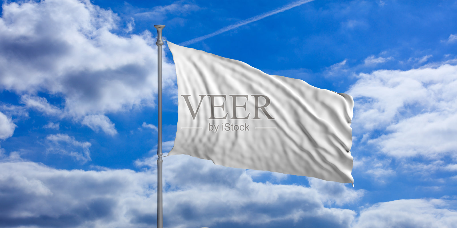 蓝天上飘扬着白色的旗帜。三维演示照片摄影图片