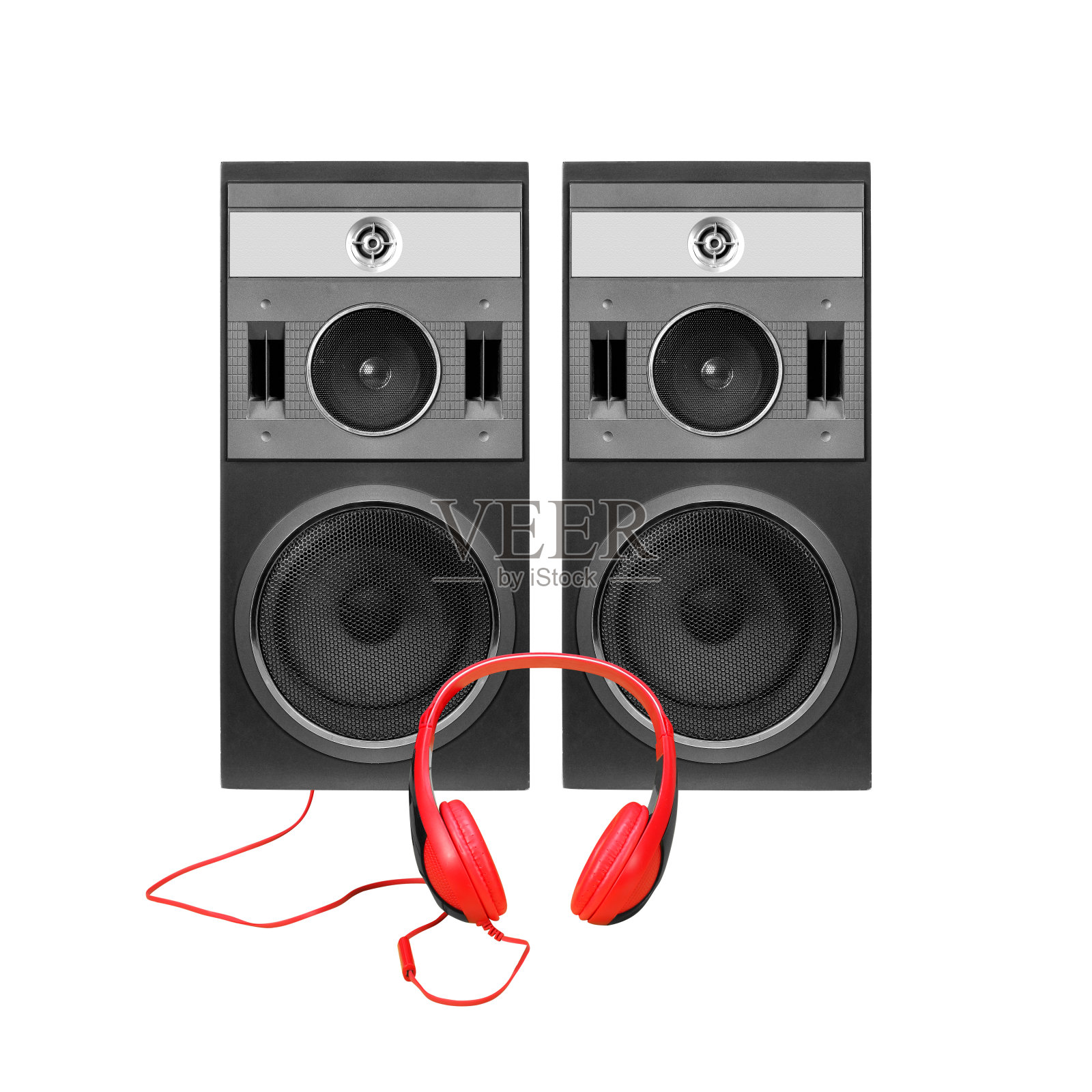 音乐和声音-两个前视图三方式扬声器外壳和耳机。孤立的照片摄影图片