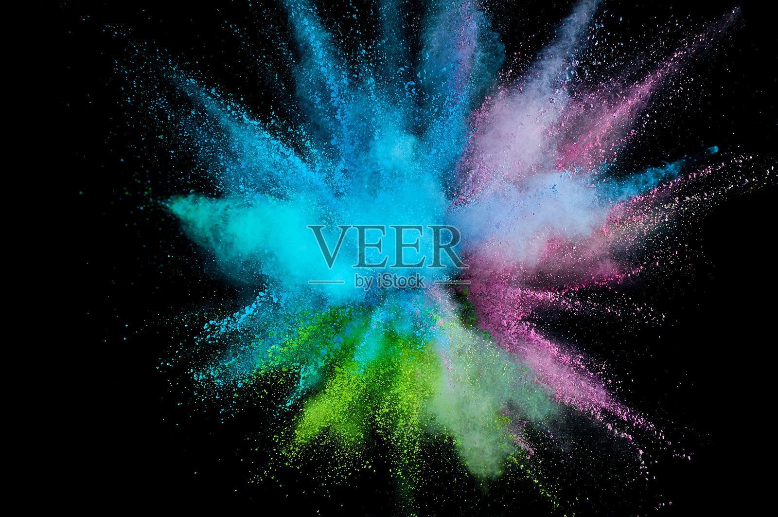 彩色粉末爆炸。抽象特写灰尘的背景。色彩斑斓的爆炸。油漆胡里节照片摄影图片