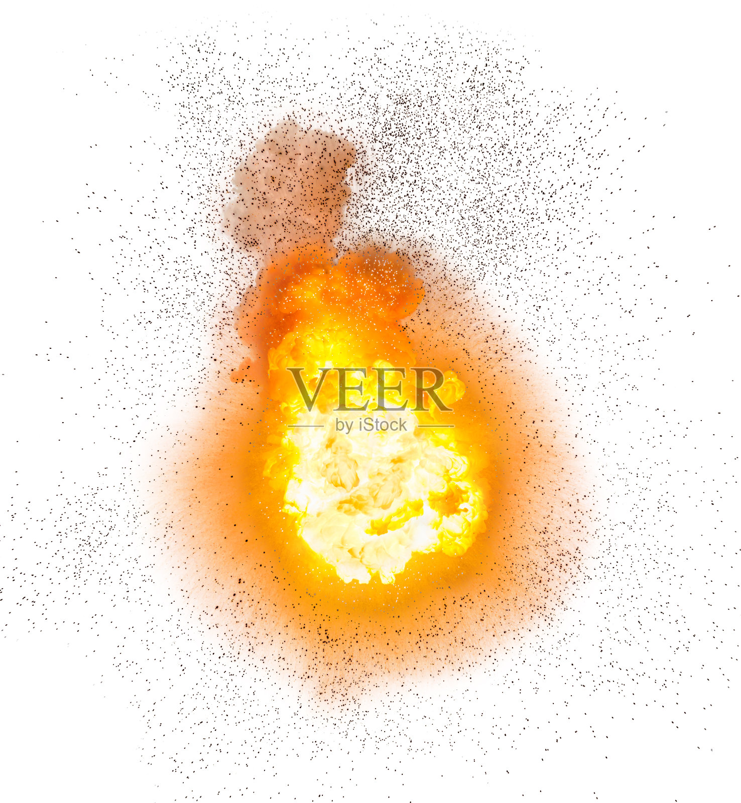 粉状爆炸的形式和纹理,在白色的背景上形成红色和黄色的云彩照片摄影图片