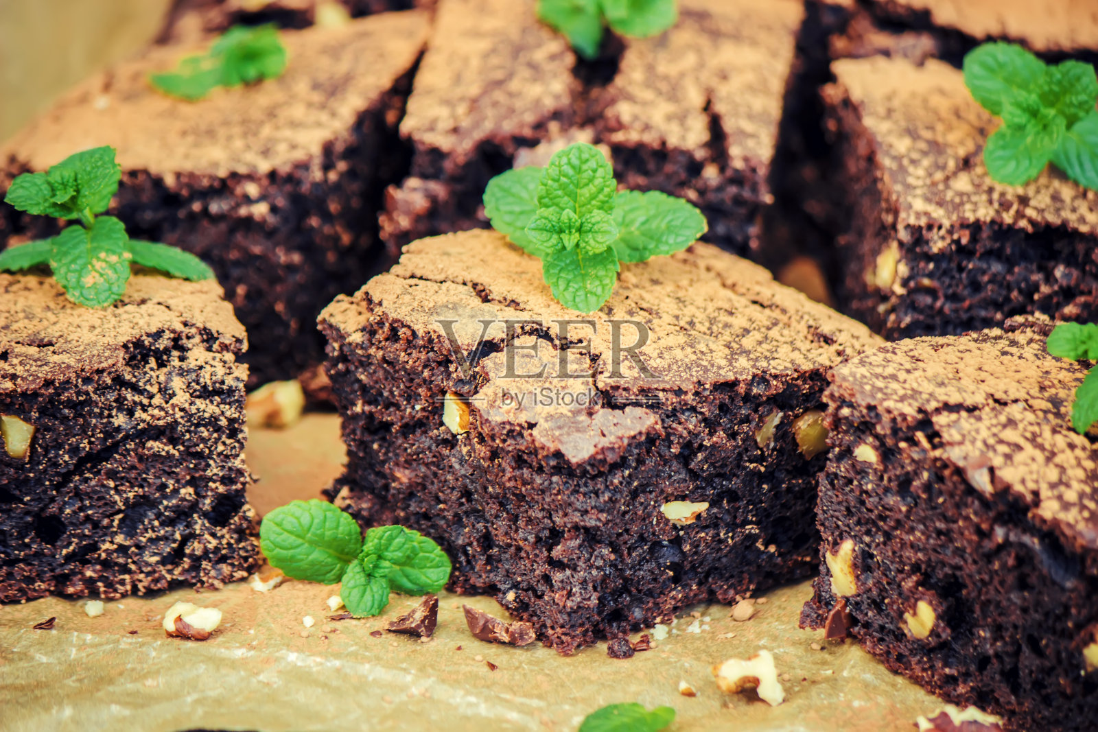 巧克力布朗尼,选择性聚焦。食品和饮料。照片摄影图片