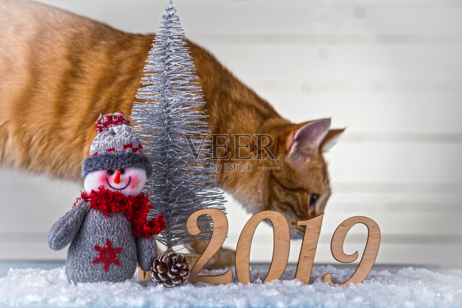 新年作文:雪人、题词2019和木制背景上的圣诞树。照片摄影图片