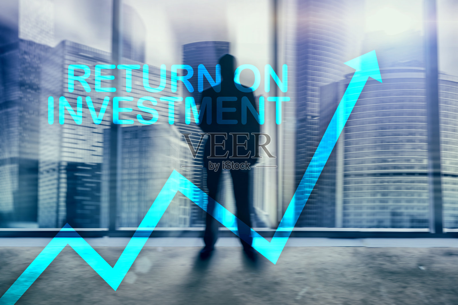 ROI -投资回报。股票交易和金融增长的概念模糊了商业中心的背景。照片摄影图片