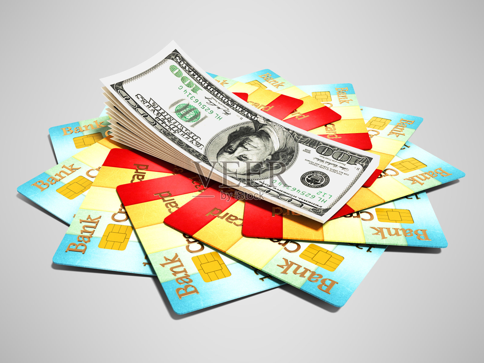 信用卡在圆圈与包美元3d渲染在灰色背景与阴影照片摄影图片