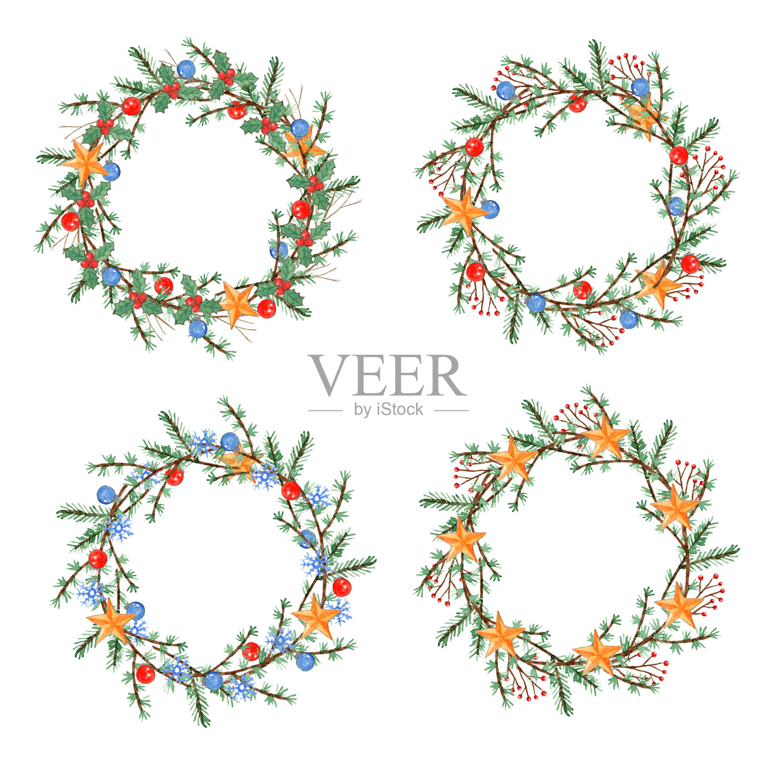 一套水彩圣诞花环插画图片素材