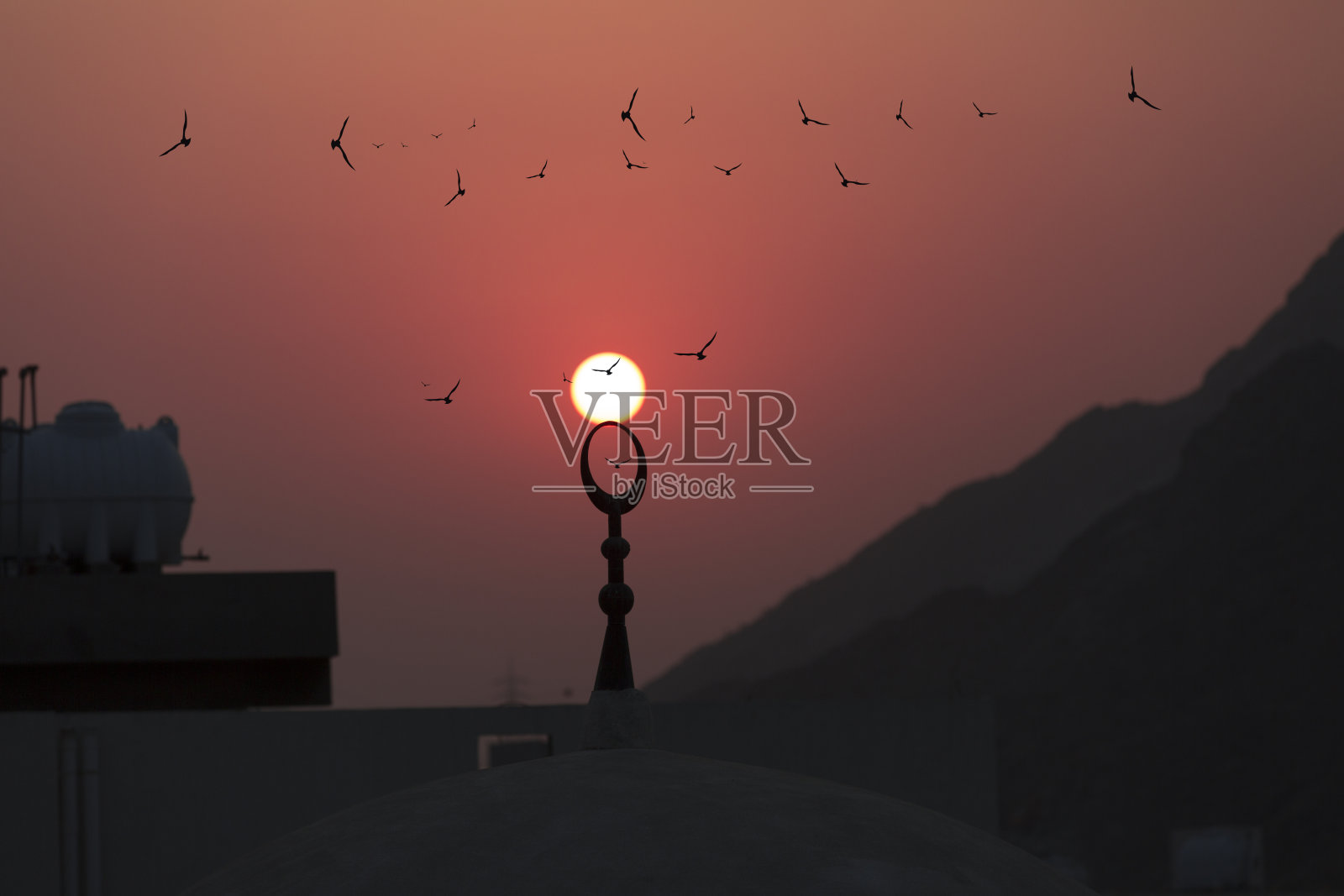 麦加宣礼塔周围飞翔的鸟儿照片摄影图片