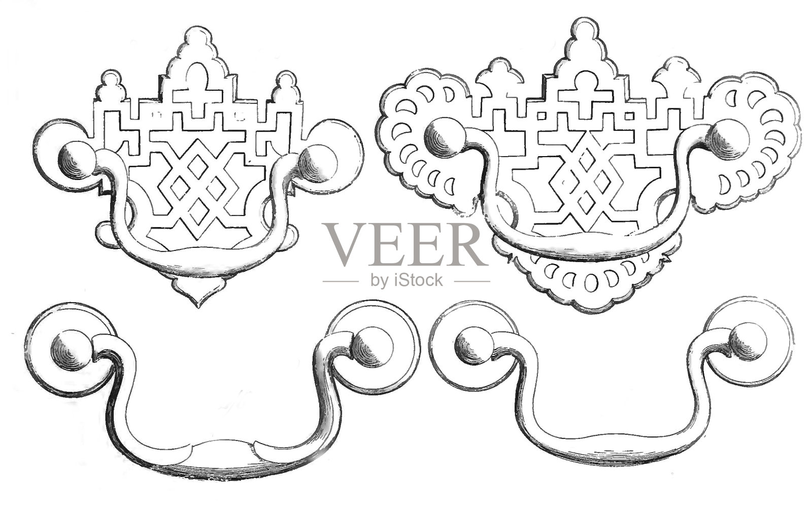 一套黄铜把手,饰有纹章,铰链插画图片素材