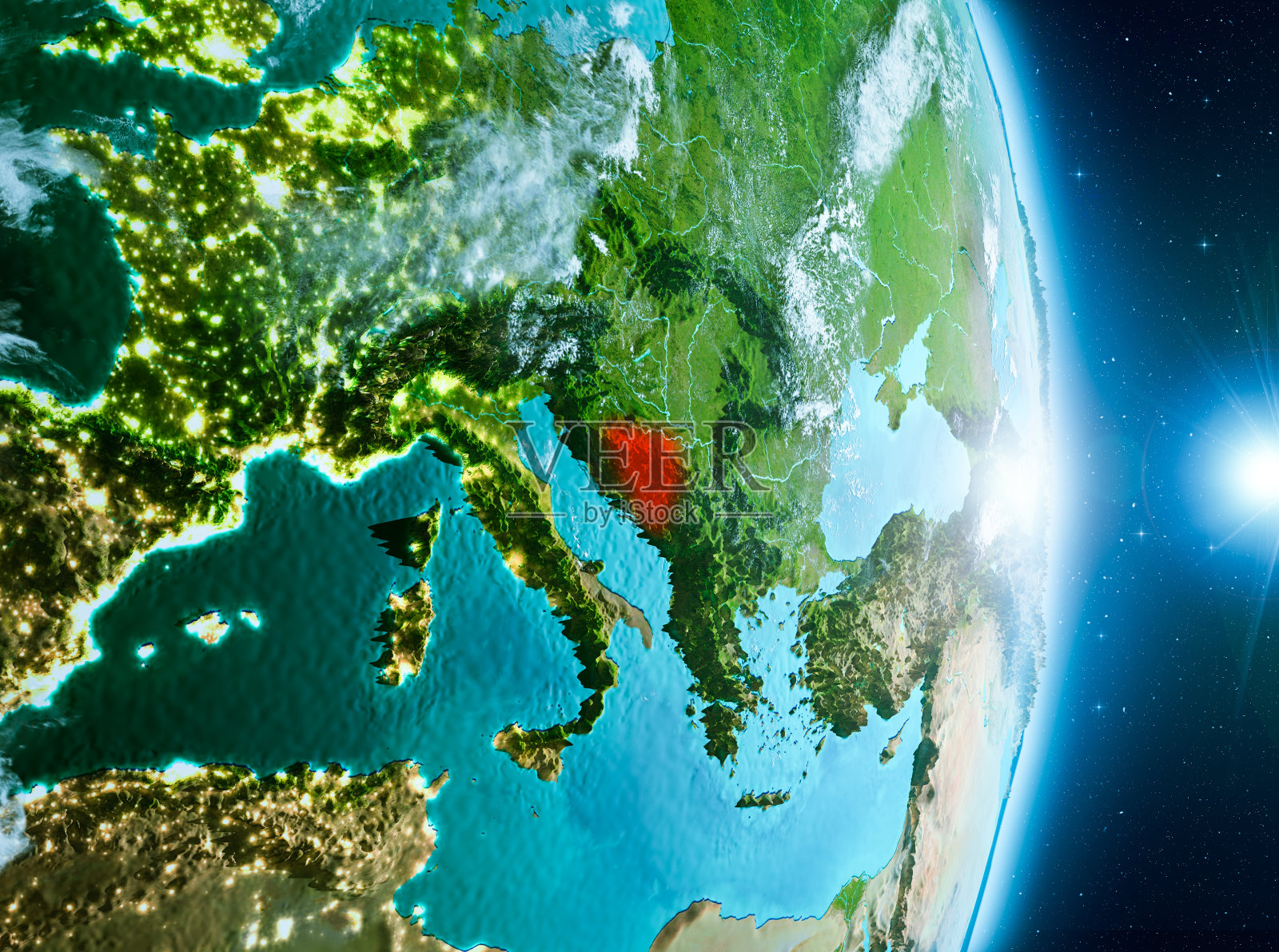 地球上波斯尼亚和黑塞哥维那上空的日出照片摄影图片