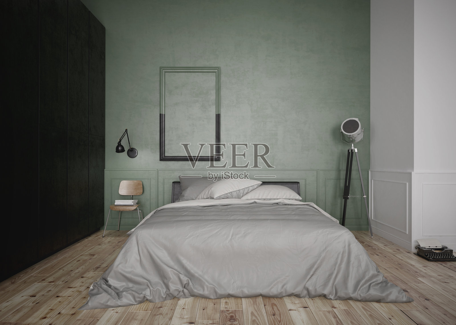 卧室内部有色彩柔和的床和绿色背景墙照片摄影图片