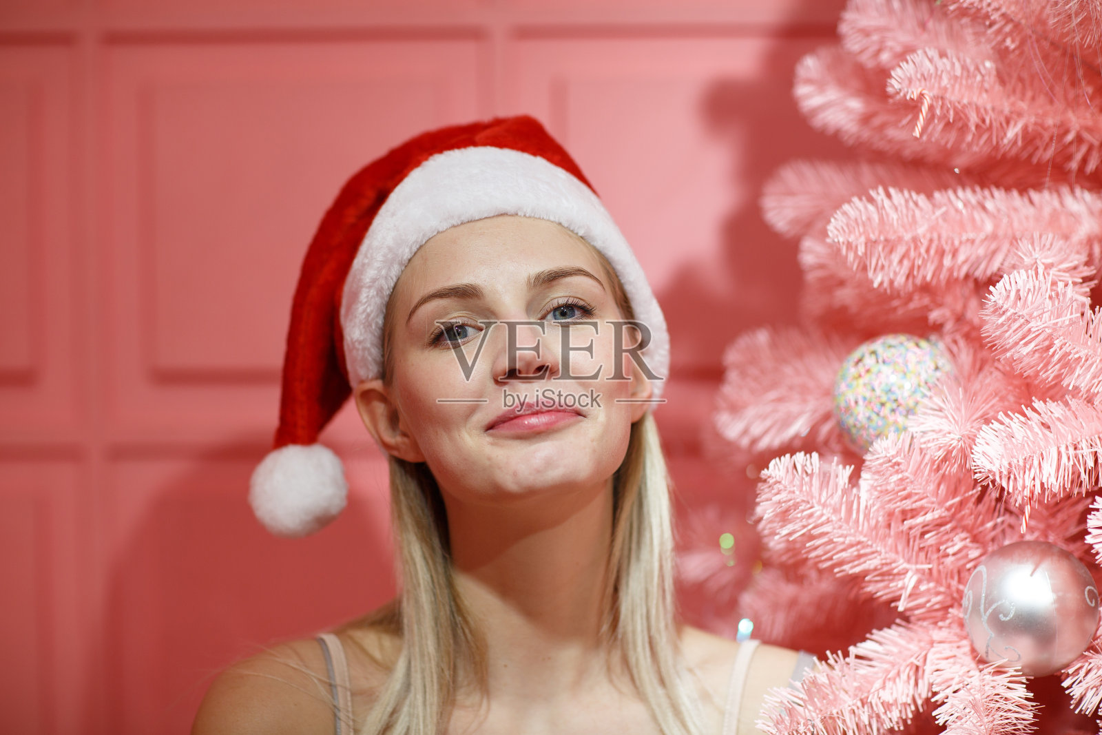 年轻美丽的女性在红色的新年帽和树照片摄影图片