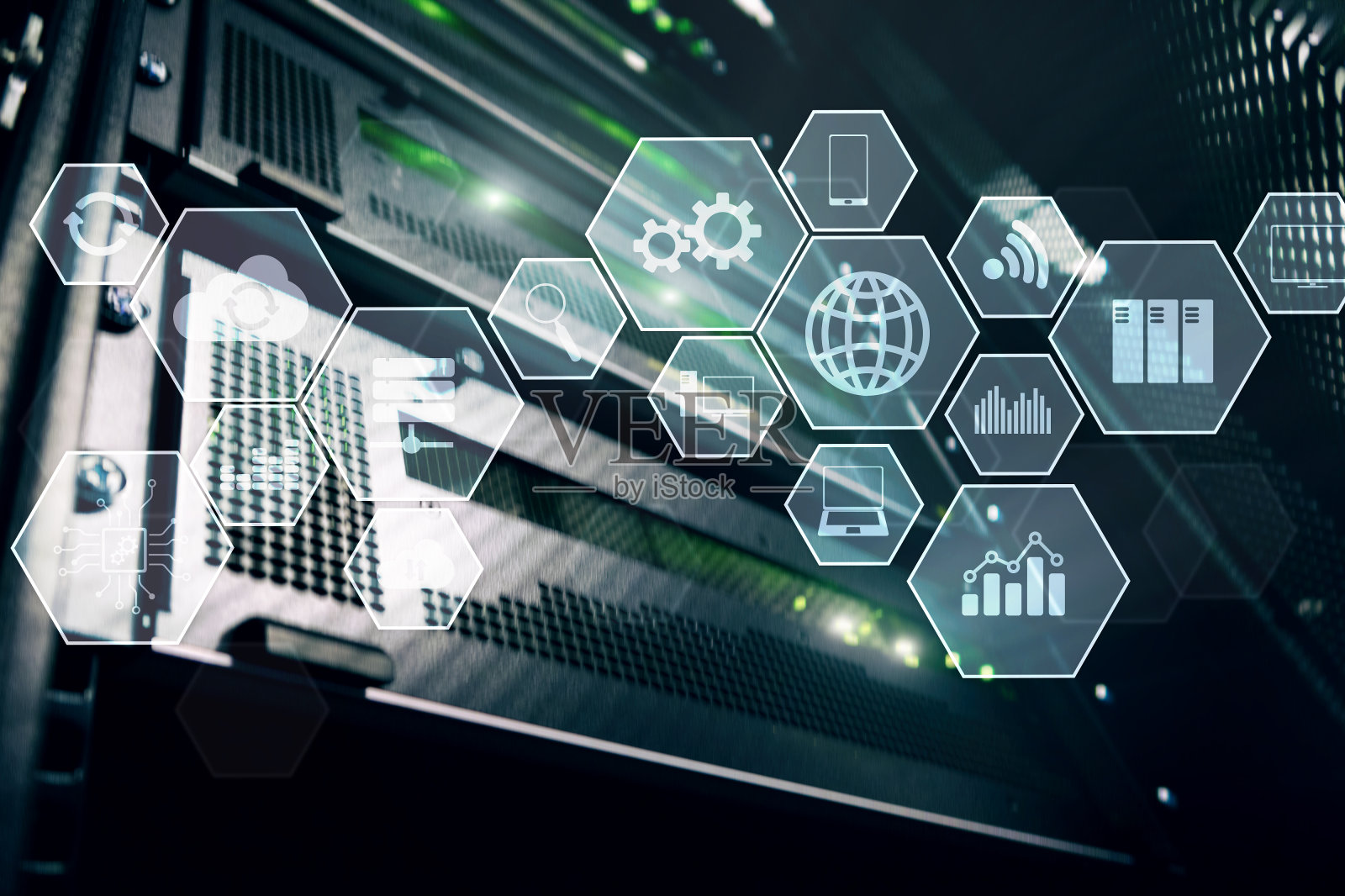 技术基础设施、云技术和通信。服务器的房间。照片摄影图片