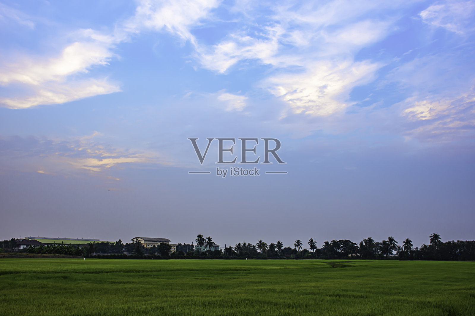 美丽的夕阳与天空中的云反射背后的建筑和稻田。照片摄影图片