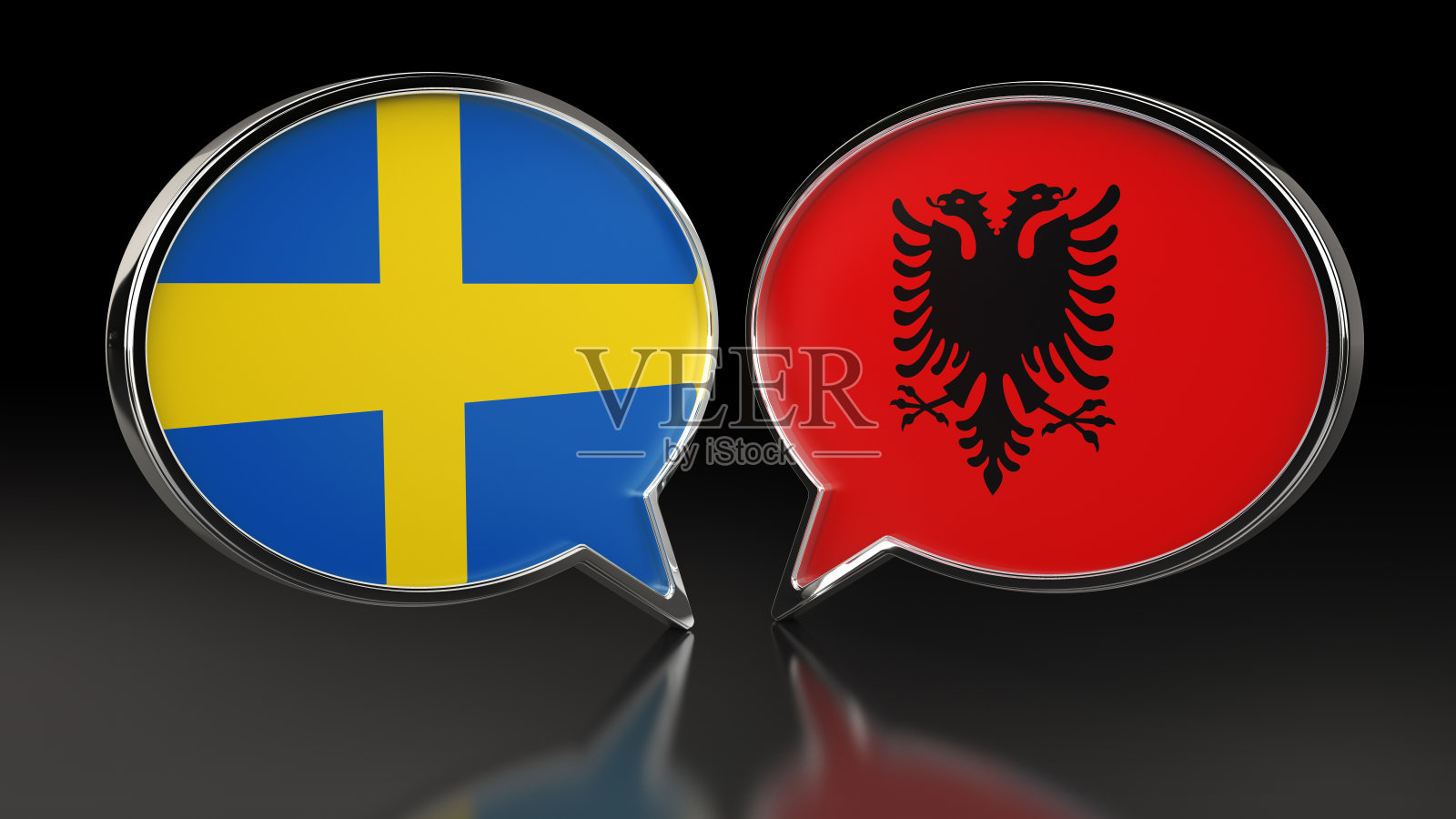 带有语音泡泡的瑞典和阿尔巴尼亚国旗。3D插图照片摄影图片