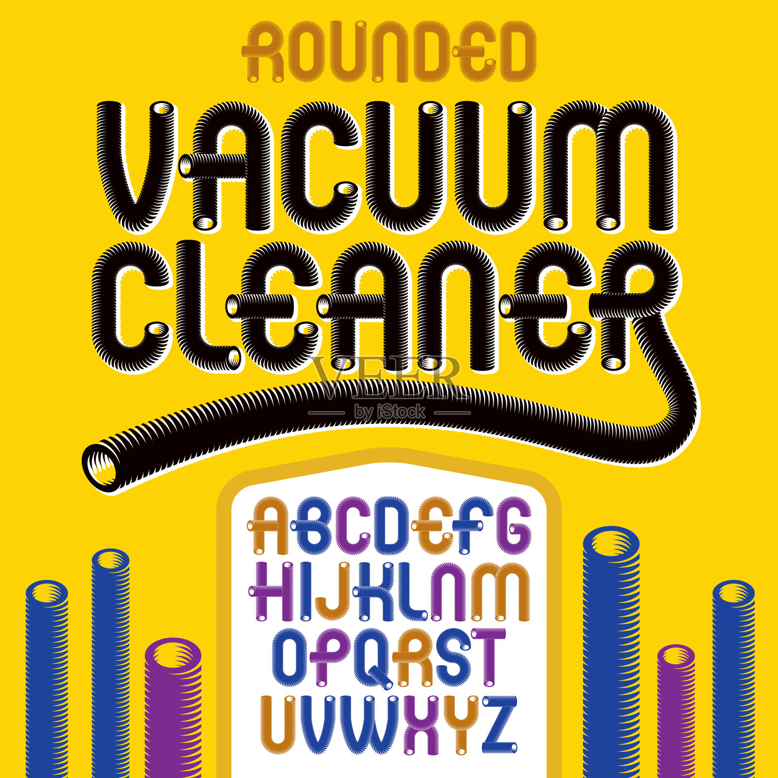 矢量funky资本圆形字母字母,abc集合。从a到z的复古字体,脚本可以用于海报艺术。采用真空吸尘器管路设计制成。插画图片素材