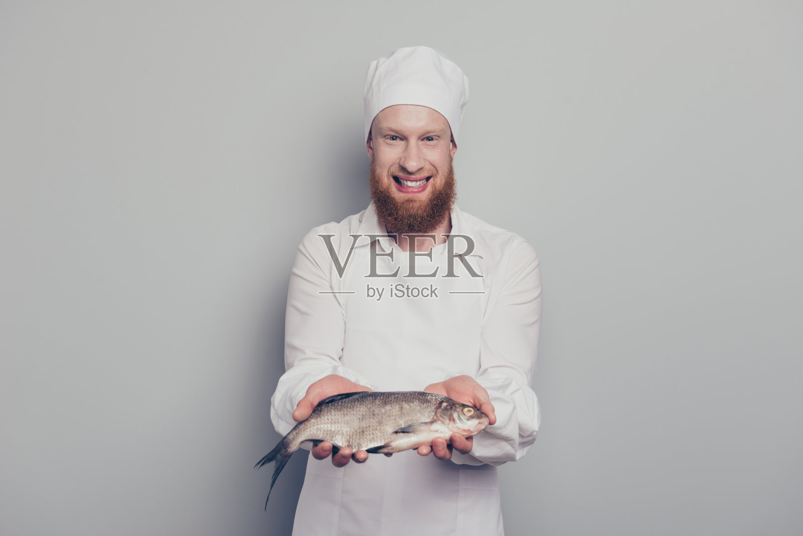 他的肖像,漂亮的,有吸引力的,英俊的,愉快的,愉快的,积极的,乐观的屠夫家伙,手捧鱼,海鲜,美味,美味的食谱孤立在灰色柔和的背景照片摄影图片