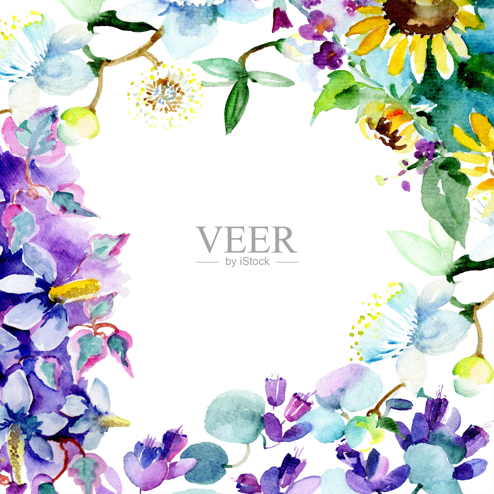 花束花水彩背景插图集。水彩画水彩画。边框装饰方形。插画图片素材