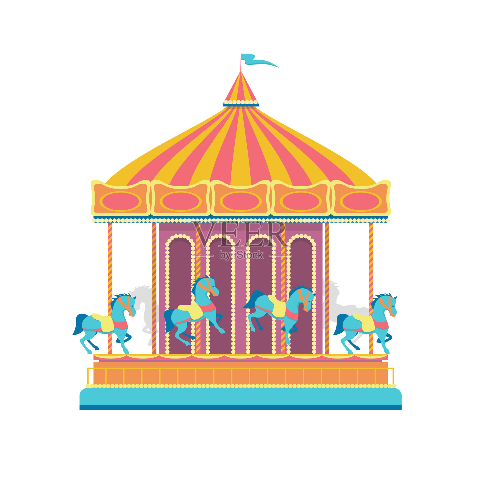 卡通彩色欢乐旋转木马。向量插画图片素材