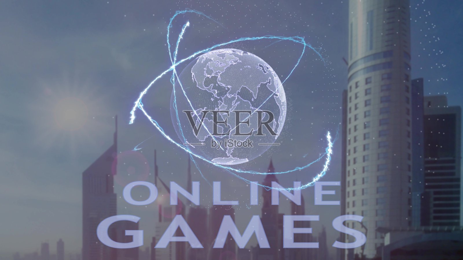 在线游戏文字与3d全息图的行星地球的背景下的现代大都市照片摄影图片