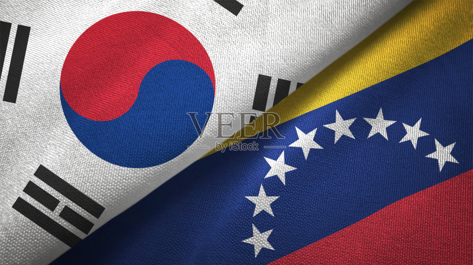 委内瑞拉和韩国两面旗子一起纺织布料质地照片摄影图片
