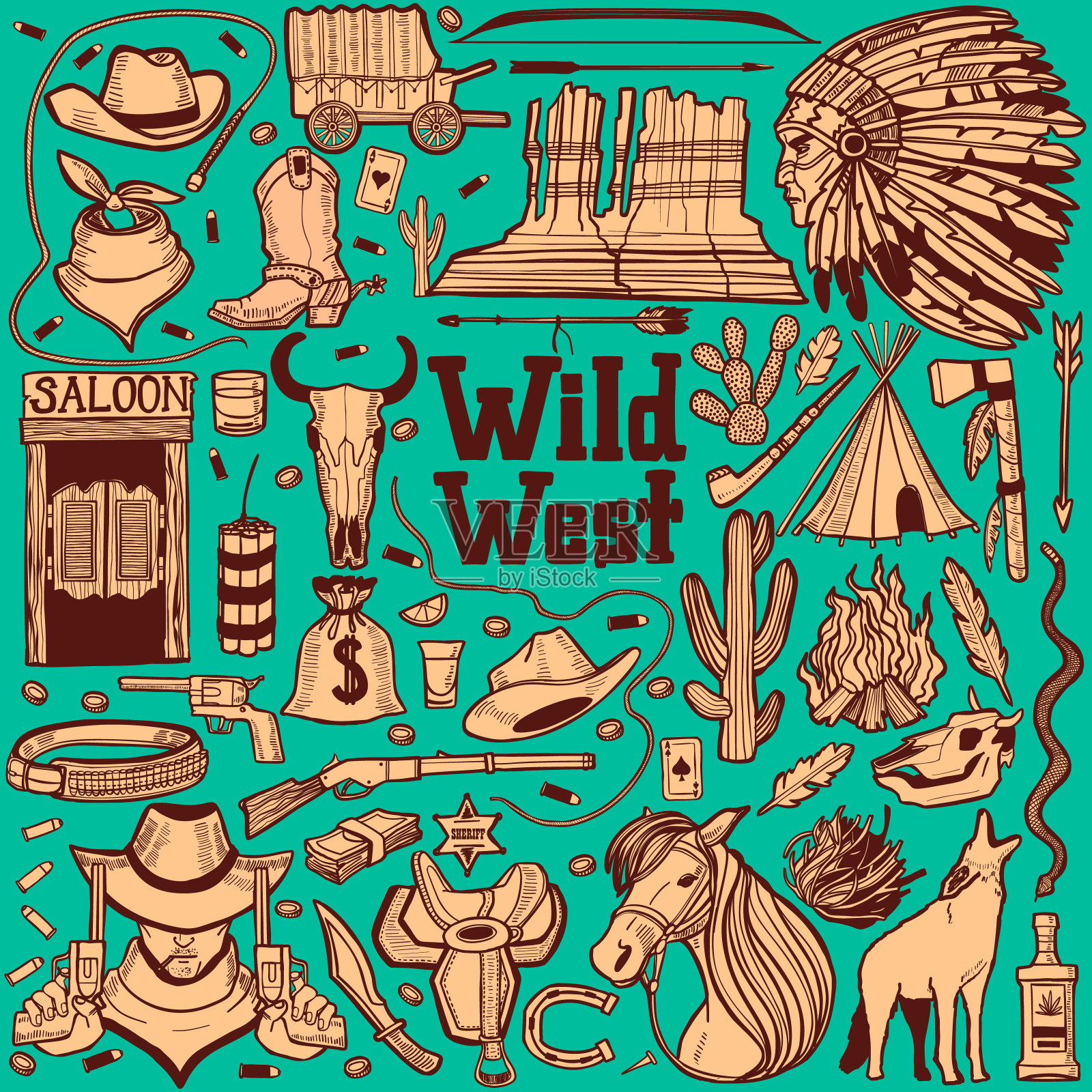 黑暗狂野西部设置在手绘风格插画图片素材