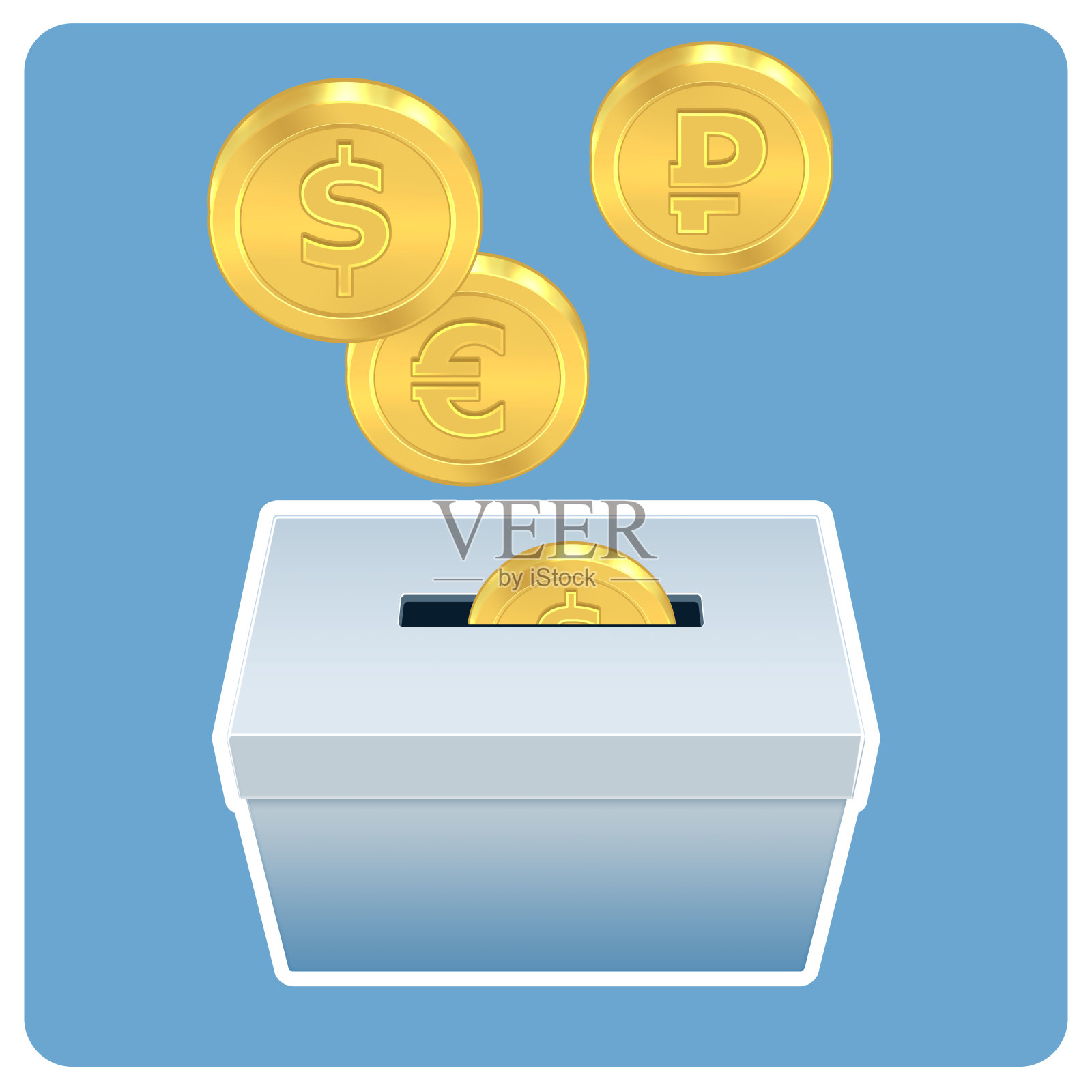 投资一个蓝色背景的盒子的钱。光栅插图。插画图片素材