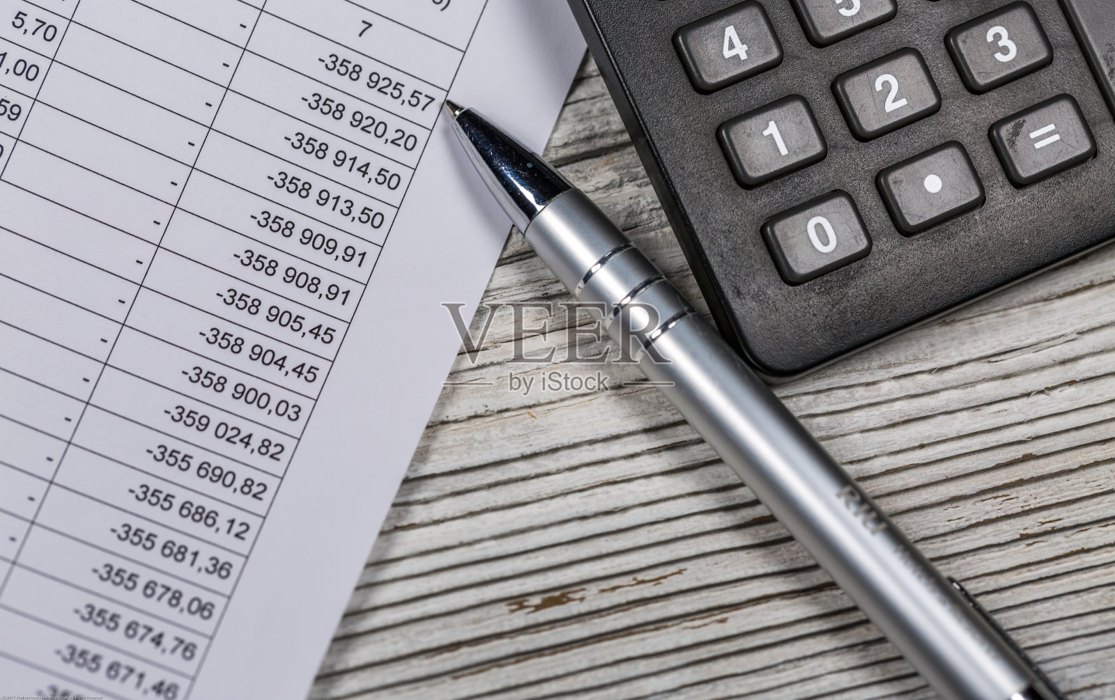 木桌上放着财务用纸、笔和计算器照片摄影图片