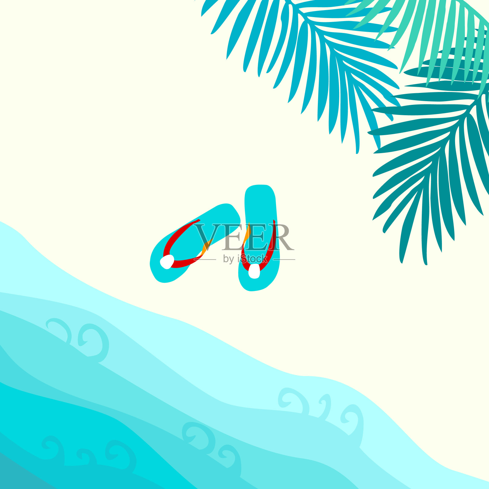 夏季卡片设计与flip flop和热带树叶在沙滩上插画图片素材