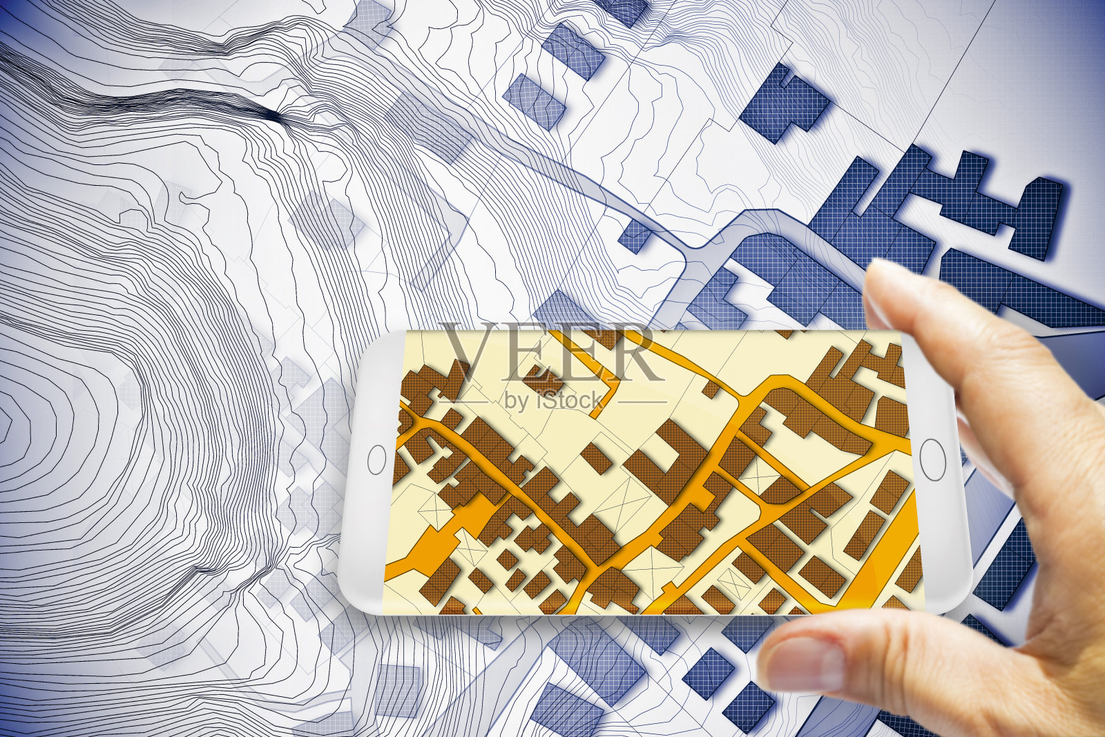 手持智能手机与一个虚构地籍地图的领土与建筑物,道路和土地地块- 3D渲染照片摄影图片