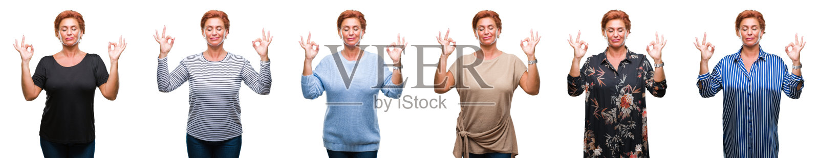 中年老年妇女在白色孤立的背景放松和微笑闭着眼睛做冥想手势与手指。瑜伽的概念。照片摄影图片