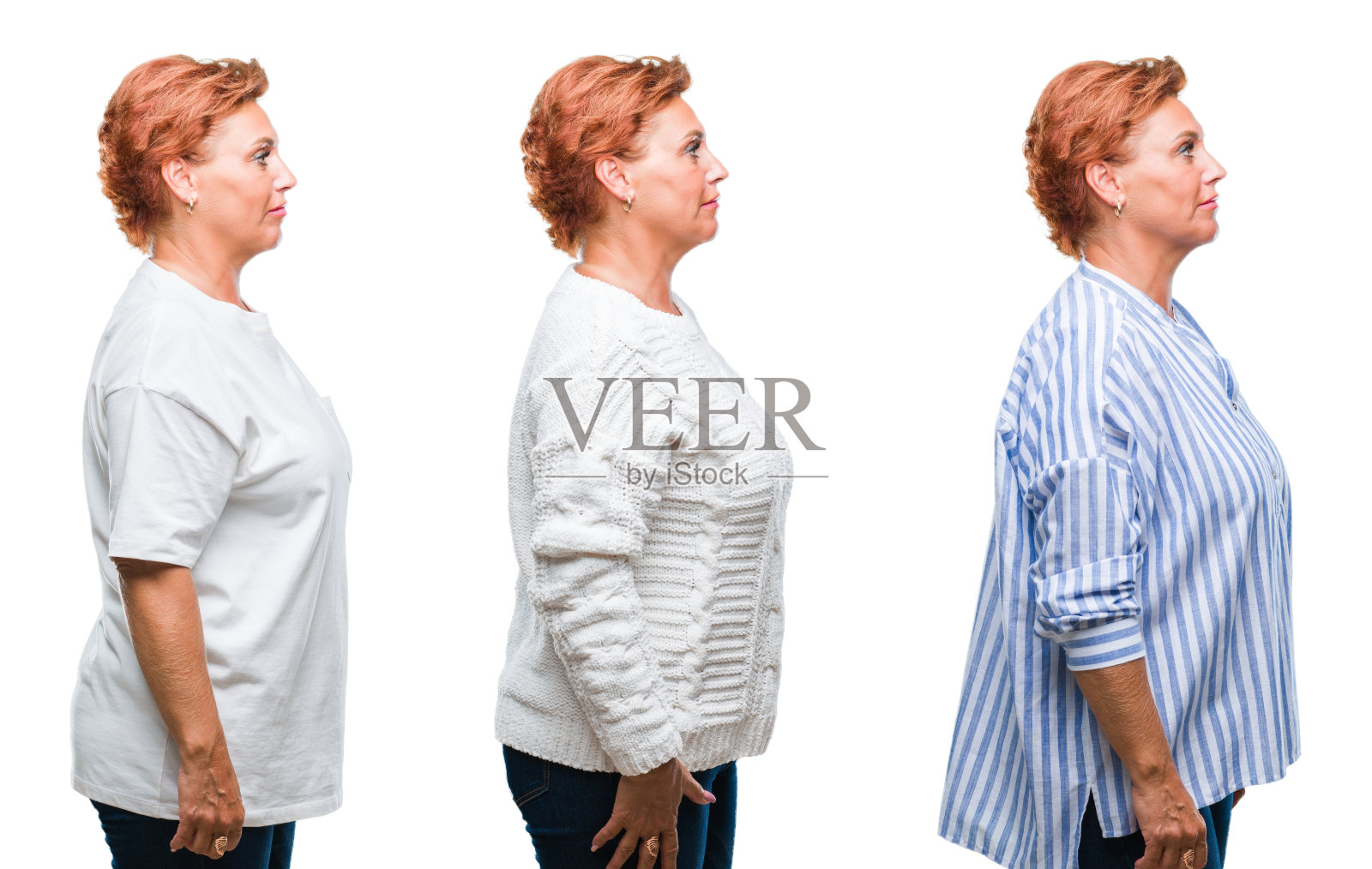 中年妇女的拼贴越过白色孤立的背景看向一边,放松的轮廓姿势与自然的脸与自信的微笑。照片摄影图片