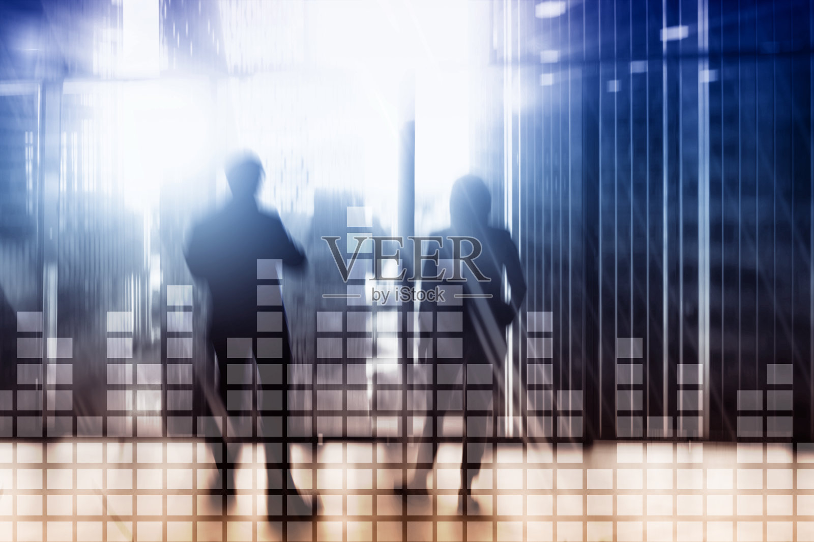 模糊的摩天大楼办公室背景上的财务图表。照片摄影图片