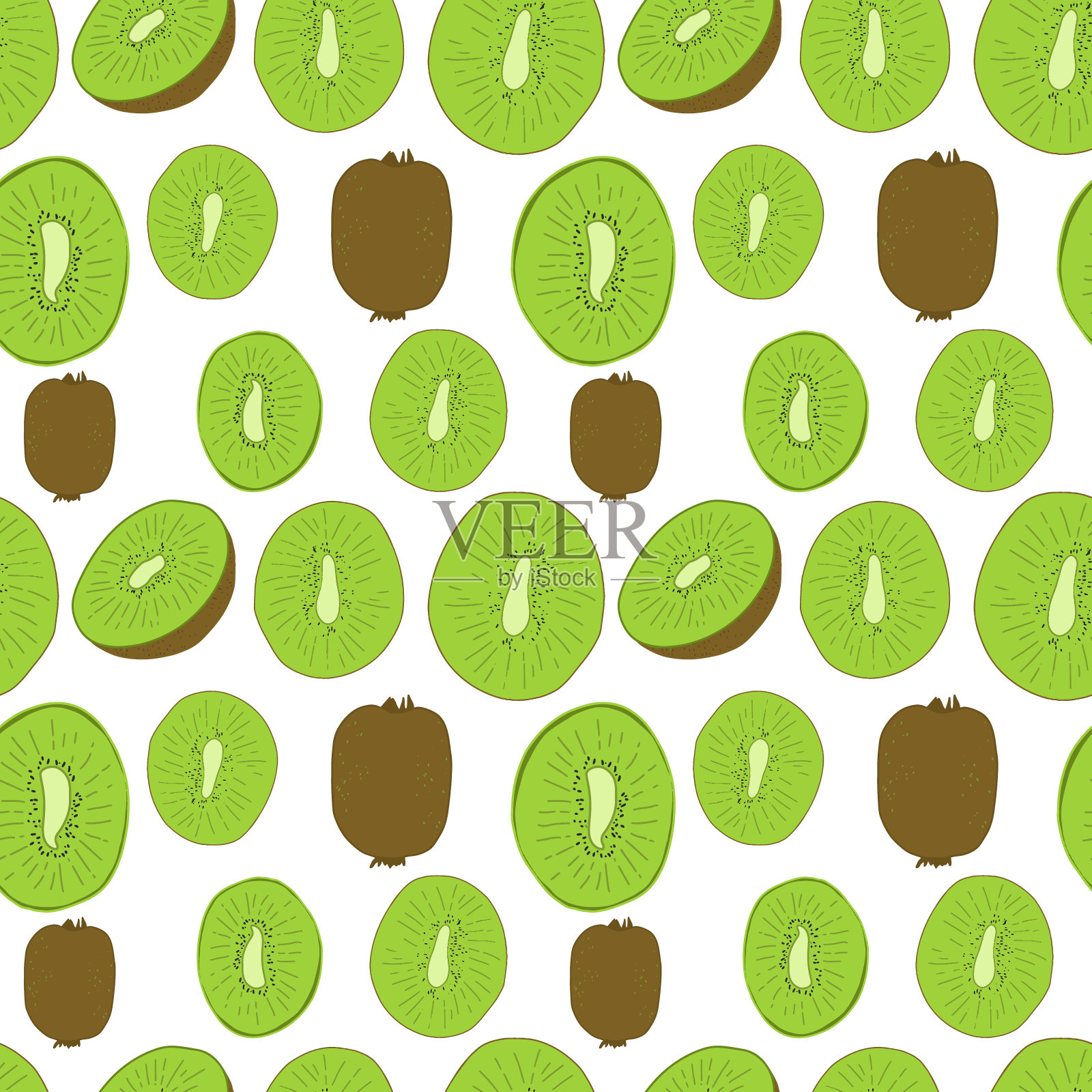 矢量无缝模式与猕猴桃孤立在白色背景。奇异的热带水果。手绘猕猴桃剪辑艺术卡通风格。纺织印刷。插画图片素材