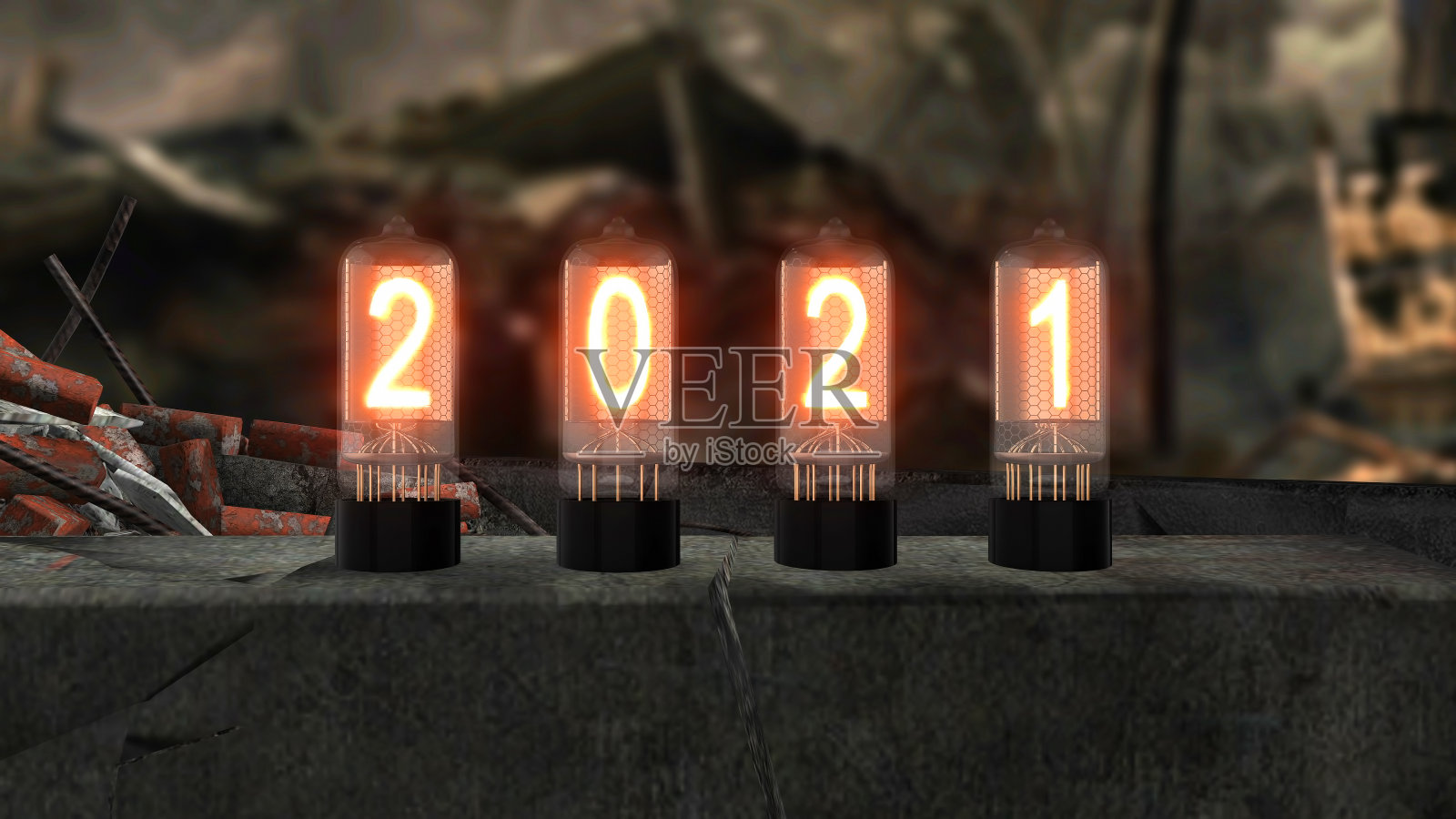 碑文“2021”在旧电视灯上燃烧照片摄影图片