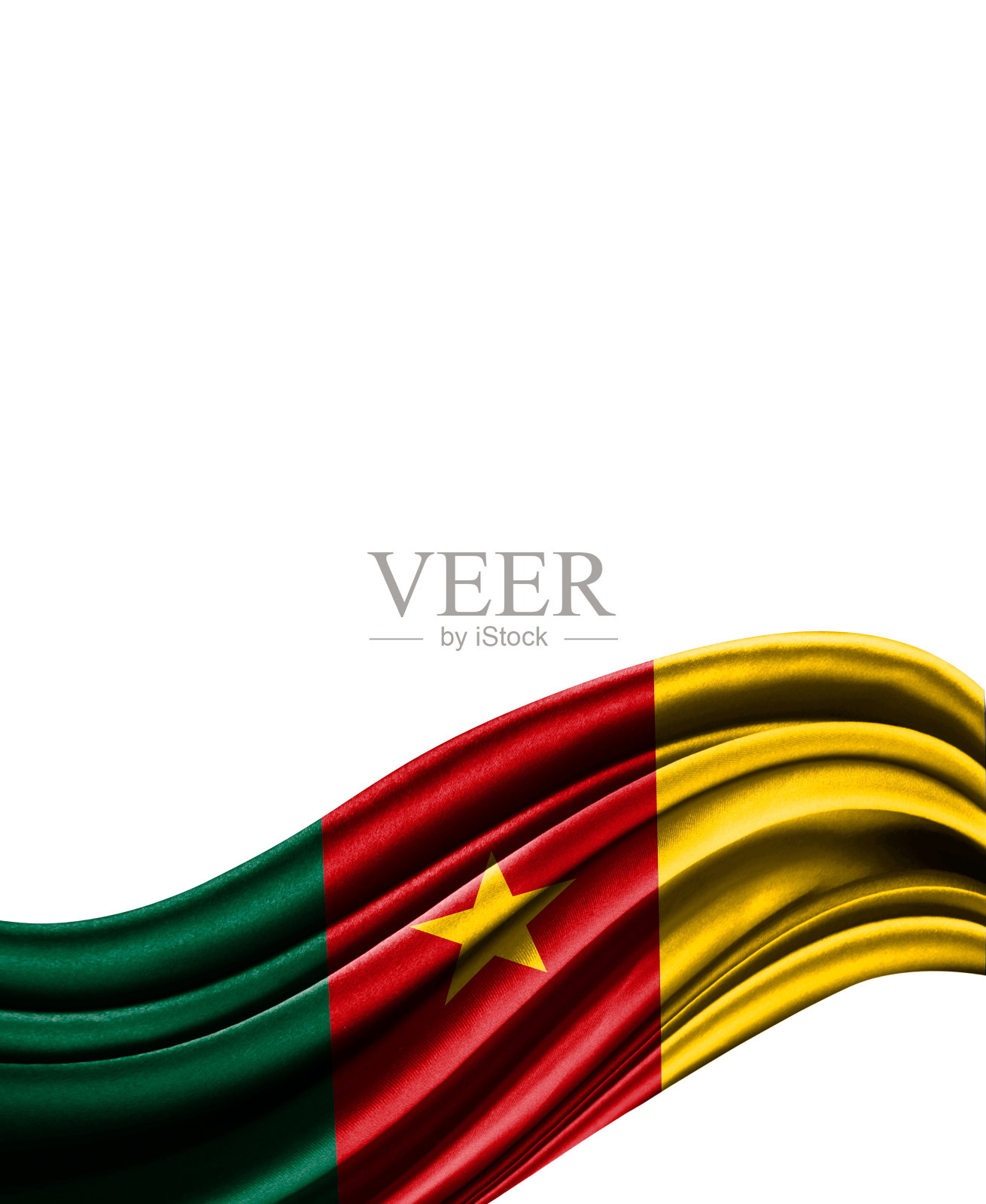 喀麦隆国旗在布孤立在白色背景照片摄影图片