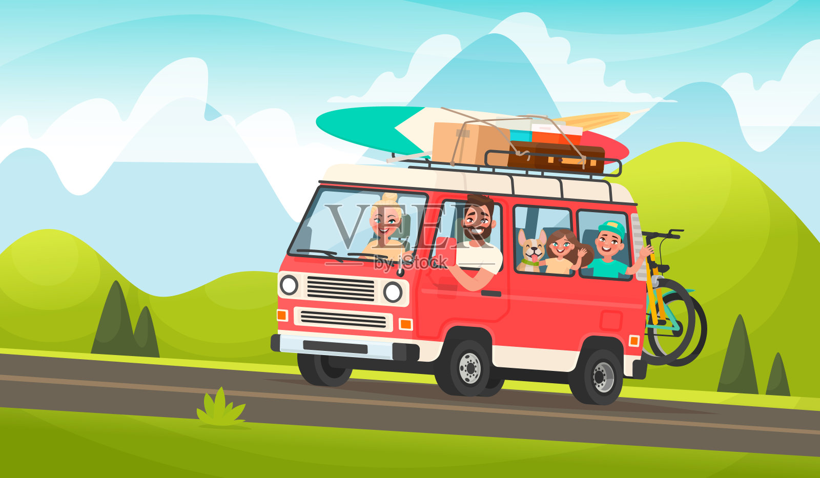 快乐的家庭公路旅行。妈妈、爸爸、孩子们和一只狗在一辆旅游面包车上旅行,背景是一处山景。矢量插图卡通风格插画图片素材