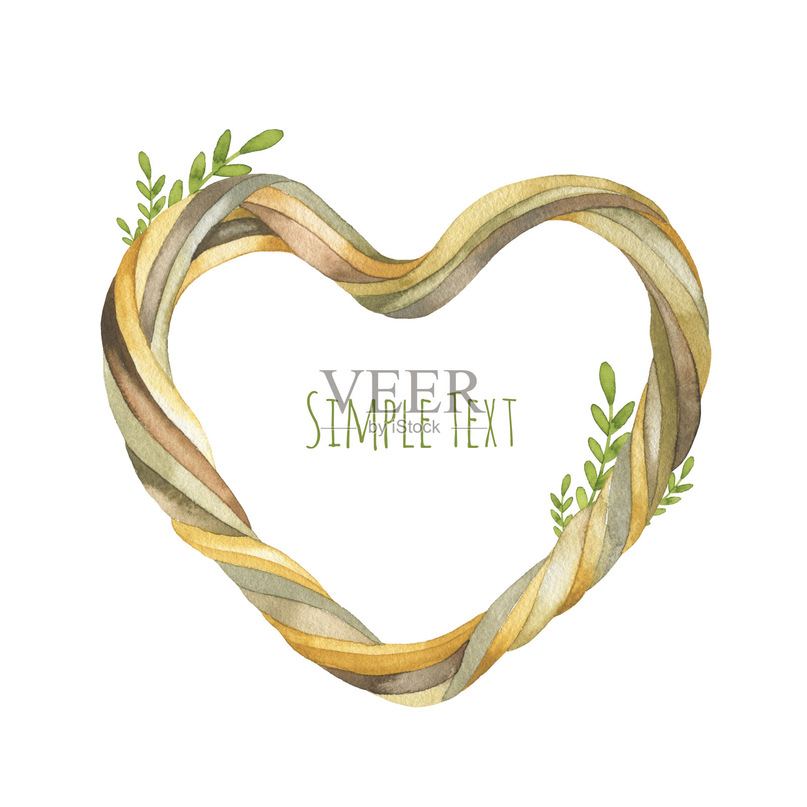 用稻草和绿叶做成的水彩花环。乡村集合插画图片素材