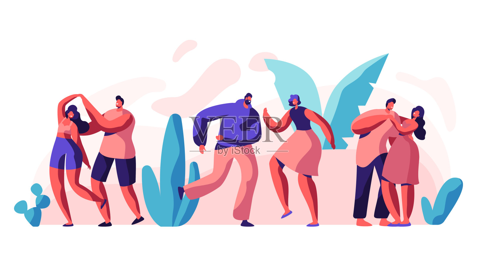 男朋友和女朋友一起跳舞。男性和女性伙伴有乐趣跳舞。积极的休闲活动模板。男人女人站在滑稽的姿势收集。平面卡通矢量插图插画图片素材